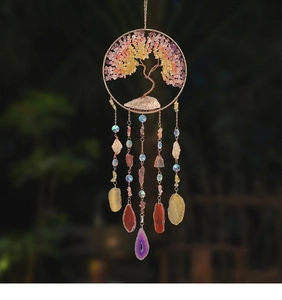 Detailed tree of life wind chime with colorful natural crystal stones and agate slices