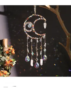 Detailed moon-shaped suncatcher with colorful crushed crystals and metal butterflies