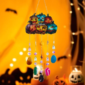 Colorful Halloween pumpkin glass wind chime with natural agate stones and ghost charms