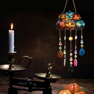 Halloween pumpkin wind chime with custom text and colorful crystal pendant decorations