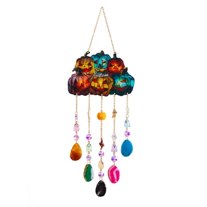 Halloween pumpkin wind chime with colorful agate slices and ghost charms for wall decor