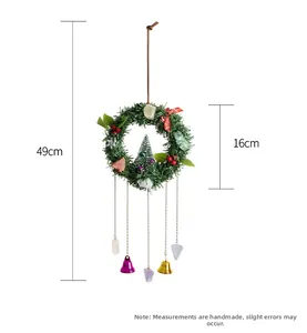 Detailed Christmas bell wall hanging with pine needles and colorful raw stones, 49cm length