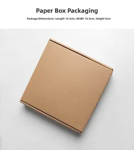 Detail view of brown kraft paper packaging box with dimensions 18.5x18.5x4 cm