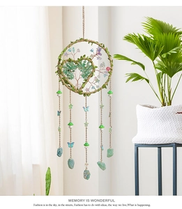 Detail view of heart-shaped Tree of Life dream catcher with green stones and hanging crystals