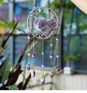 Detailed handmade Tree of Life dream catcher with purple crystal stones and golden charms