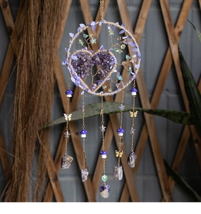 Detail of bohemian tree of life dreamcatcher with purple crystals and gold mushroom charms