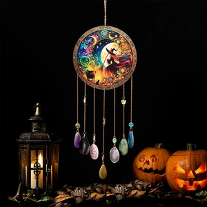 Halloween dreamcatcher wind chime with witch illustration and agate slices décor