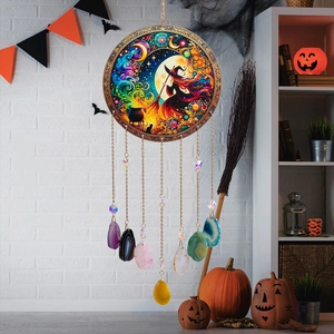 Halloween dreamcatcher wind chime with tree of life agate stones and witch illustration