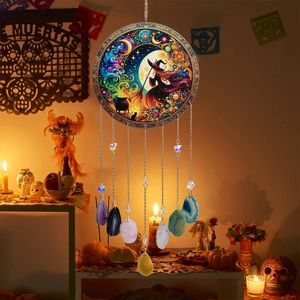 Halloween Tree of Life Dreamcatcher with Agate Slices and Witch Black Cat Design