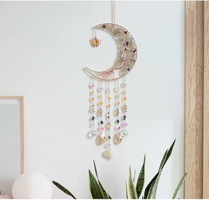 Detailed moon-shaped crystal suncatcher with golden tree of life and colorful teardrop beads