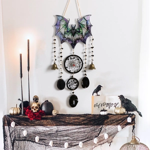 Halloween black acrylic bat wing dreamcatcher with spider and bell decoration