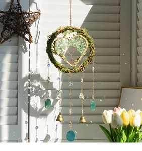 Handmade Tree of Life dreamcatcher with green agate slices and bohemian copper bells