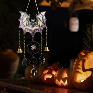 Halloween acrylic bat wind chime with spider web and metal bells outdoor decoration