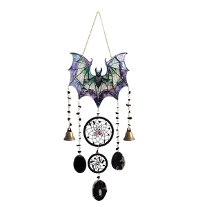 Gothic acrylic bat dreamcatcher with suncatcher wings and hanging black agate slice
