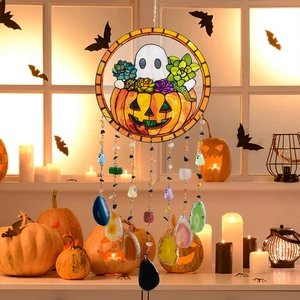 Halloween Suncatcher Hanging Ornament With Natural Agate Slices Pumpkin Ghost Design For Home Festive Wall Decor