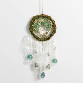 Handmade Tree of Life wall hanging with heart-shaped wire weave and green crystal stones