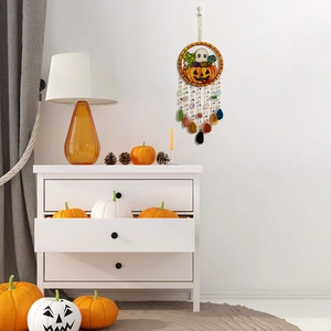 Bohemian Halloween pumpkin and ghost wall wreath with natural stone beads hanging decor