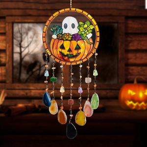 Thanksgiving pumpkin and ghost hanging wind chime with maple leaves and agate stones