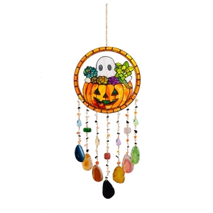 Bohemian Halloween pumpkin wreath with ghost, succulent and colorful agate slices hangings
