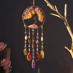 Tree Of Life Crystal Hanging Ornament Natural Stone Agate Slices Wind Chime Handmade Bohemian Home Garden Decor Wall Art
