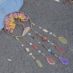 Handmade tree of life crystal suncatcher with moon frame and natural agate stone slices