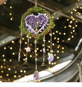 Handmade amethyst tree of life heart pendant with copper bells and crystal slices