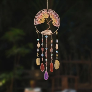 Bohemian Tree of Life crystal suncatcher with natural agate slices and hanging beads