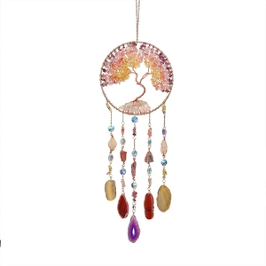 Tree of Life suncatcher with natural pink crystals and moon-shaped garden hanging decor