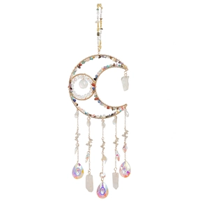 Handmade moon crystal suncatcher with colorful stones and butterfly charms for home decor