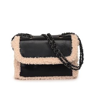 Faux shearling trim black leather chain shoulder bag with minimalist rectangular design
