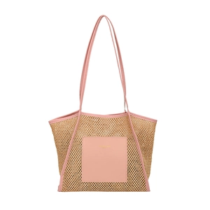 Summer straw tote bag with pink leather trim and hollow-out woven texture for beach