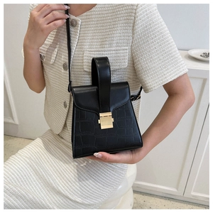 Detail of black crocodile texture mini handbag with golden square lock and top handle