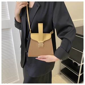 Detail of a brown crocodile-patterned bag with yellow flap and golden square lock