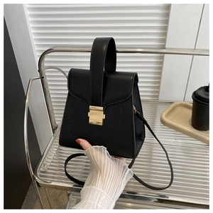 Detail of black crossbody bag with faux crocodile texture and gold square lock