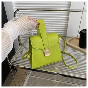 Detail of green faux crocodile skin handbag with gold metal clasp and top handle