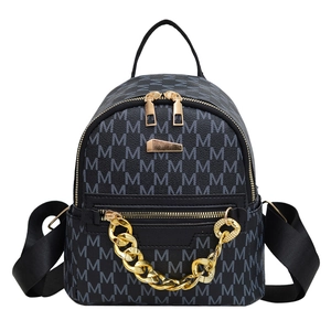 Women's vintage mini backpack in black with gold chain and monogram pattern