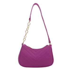 Fuchsia felt baguette bag with V-chevron stitching and gold chain shoulder strap