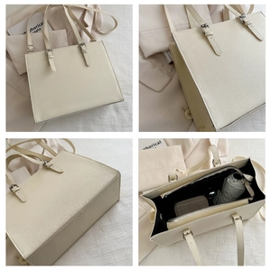 Detailed views of beige leather tote bag with pebble texture and spacious interior