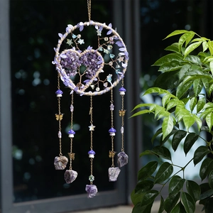 Handmade Tree Of Life Dream Catcher Crystal Stone Hanging Decoration Heart Shaped Woven Wind Chime Home Bedroom Decor Gift