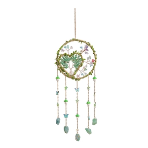 Handmade Tree of Life dream catcher with green crystal stones and forest style ornaments