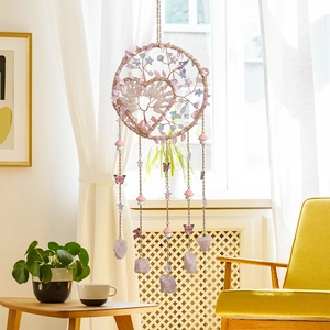 Pink heart-shaped Tree of Life dream catcher with crystal stones and butterfly charms