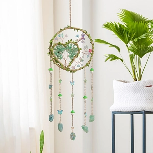 Handmade Tree of Life dream catcher with green crystals and golden butterfly charms