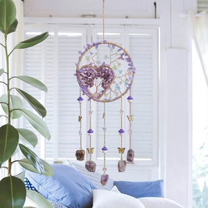 Handmade Tree of Life Amethyst Heart Dreamcatcher with Purple Crystal Stones Hanging Decor