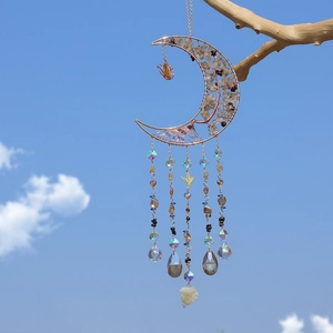 Golden crescent moon life tree suncatcher with crystal AB balls and bird pendants