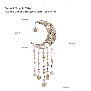 Moon shaped tree of life crystal suncatcher with AB beads for outdoor garden decoration