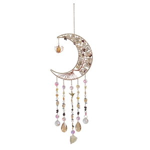 Bohemian gold crescent moon tree of life suncatcher with crystals and hummingbird charms