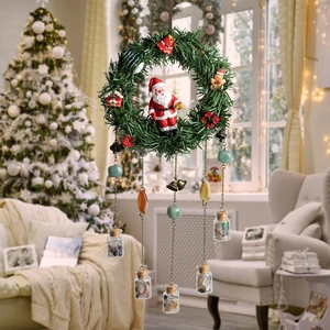 Christmas Hanging Wreath Santa Claus Decor With Glass Wish Bottles And Natural Stone Metal Bell Festive Wall Ornament