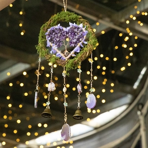 Handmade Tree of Life crystal wall hanging with purple amethyst and green moss