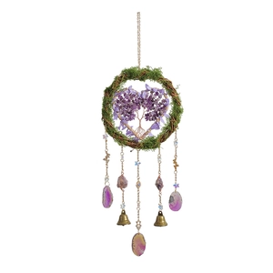 Boho tree of life wall hanging with purple amethyst crystal and green agate slices