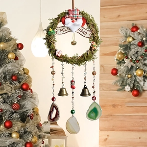Christmas Wreath Wind Chime With Agate Slices Natural Stone Metal Bells Rattan Santa Claus Feliz Navidad Hanging Decor
